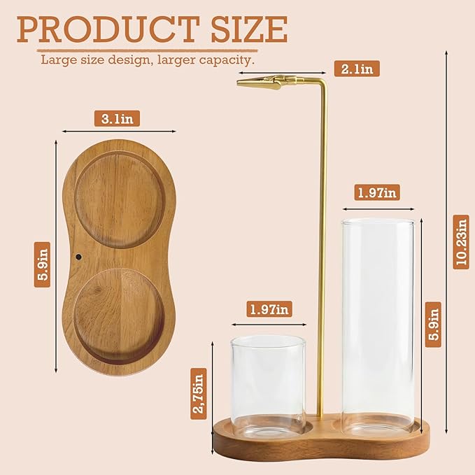 2 in 1 Incense Holder, Wooden Incense Holder for Sticks with Glass Ash Catcher Anti-Ash Flying Upside Down Insence Stick Burner for Meditation Yoga Spa Room Decor (Gold, 7.87“+2.75”)