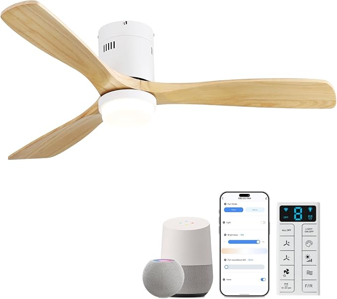 Sofucor 52 Inch Smart Natural Wood Ceiling Fans with Light Flush Mount Low Profile Modern Outdoor Solid Wood Ceiling Fan with Alexa/Google/APP/Remote Control for Bedroom/Living Room/Kitchen/Patio/Gym