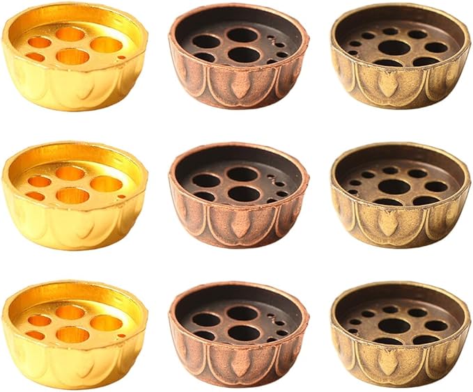 Acxico 9pc Mini 10-Hole Incense Burner, Golden/Copper/Bronze Metal Decor for Meditation Zen Yoga Outdoor Spa