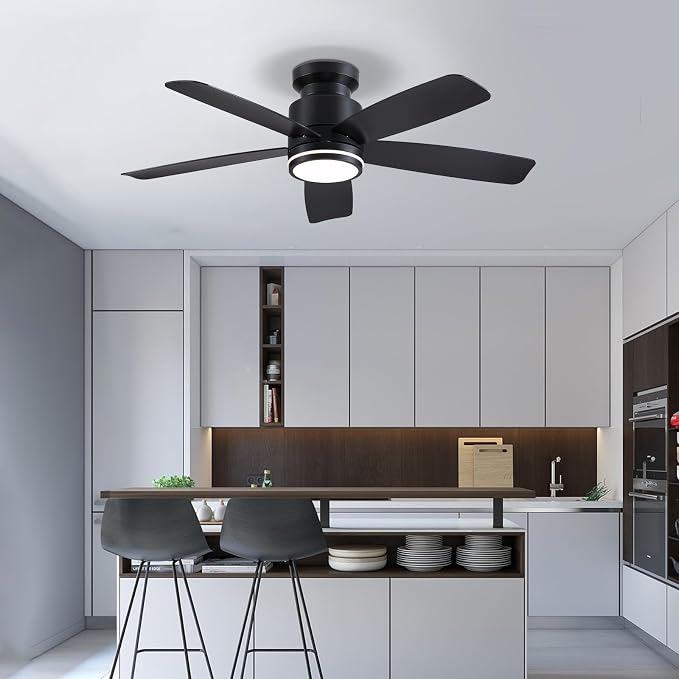 Wiviniya 46 Inch Black Flush Mount Ceiling Fan with Light, 5 Blades Reversible Fan, 6-Speed & 2-Hour Timer, Remote Control, 3 CCT Dimmable for Living Room Bedroom