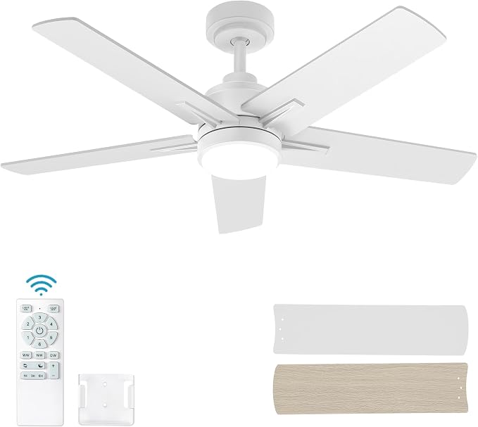 42 Inch White Ceiling Fan with Light and Remote Control | 6 Speeds Reversible,Dimmable LED,3CCT,5 Blades,Quiet DC Motor Ceiling Fans for Indoor or Covered Outdoor Use