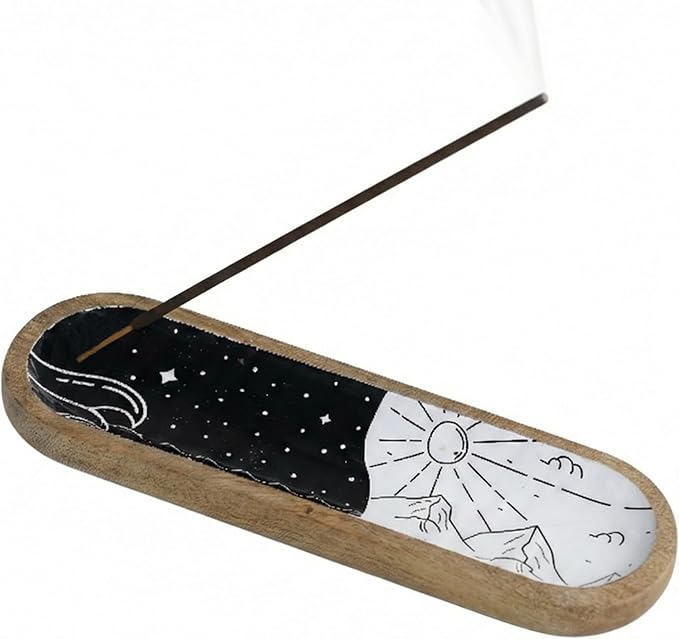 The Art BoxWooden Incense Holder for Sticks – 12 Inch Ash Catcher Incense Burner Tray, Black & White Color, Modern Home Décor & Meditation Accessory