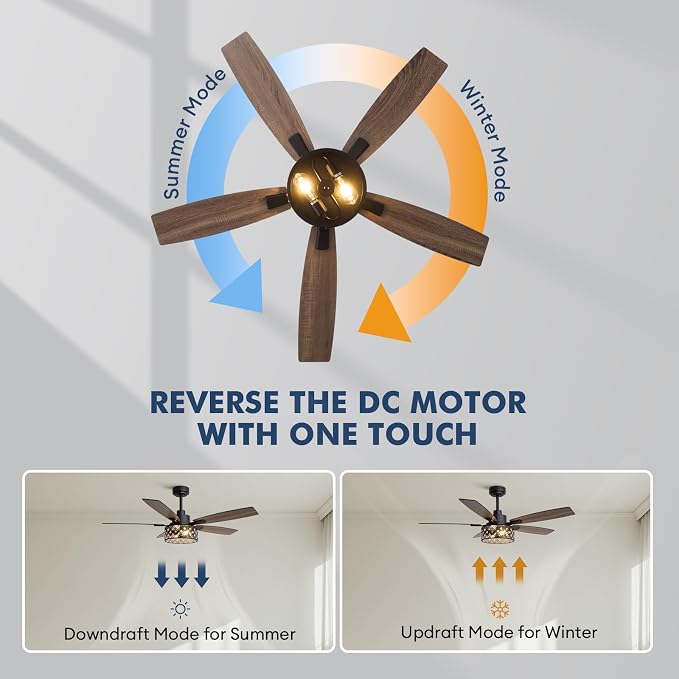 52 Inch Farmhouse Ceiling Fan with Lights and Remote, 5 Blades Double-color Finish, Quiet & Reversible DC Motor, Crystal Caged Ceiling Fan for Bedroom Living Room Kitchen Outdoor Covered Patio