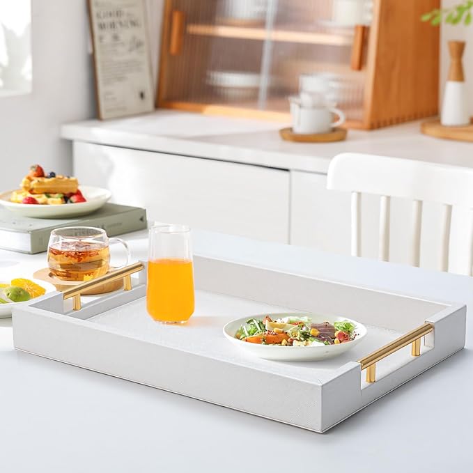 White Decorative Ottoman Tray, Large Modern Coffee Table Drink Organizer for Home