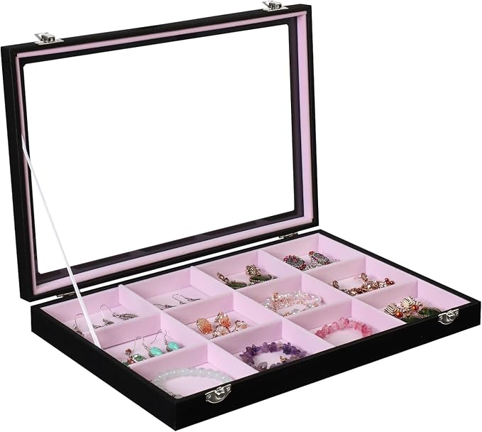 Stratalife 12 Grid Bracelet Jewelry Box, Bangle Holder Organizer with Lid | PU Leather Storage Box for Earring, Ring, Studs and Trinkets, Soft Velvet Drawer Organizer for Women, Dustproof, Pink Black