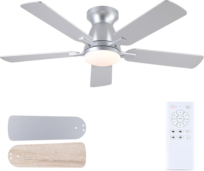 46 Inch Ceiling Fans with Lights and Remote, Flush Mount, Silver | Low Profile, Dimmable LED, Reversible, Quiet DC Motor, Wooden Blades, for Modern Apartment Bedroom Home Office Living Room