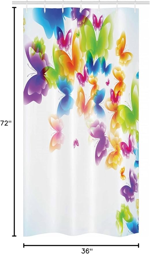 Ambesonne Butterfly Stall Shower Curtain, Group of Butterflies Band in Radiant Rainbow Colors Hope Summer Garden Art Print, Fabric Bathroom Decor Set with Hooks, 36" W x 72" L, Green Yellow