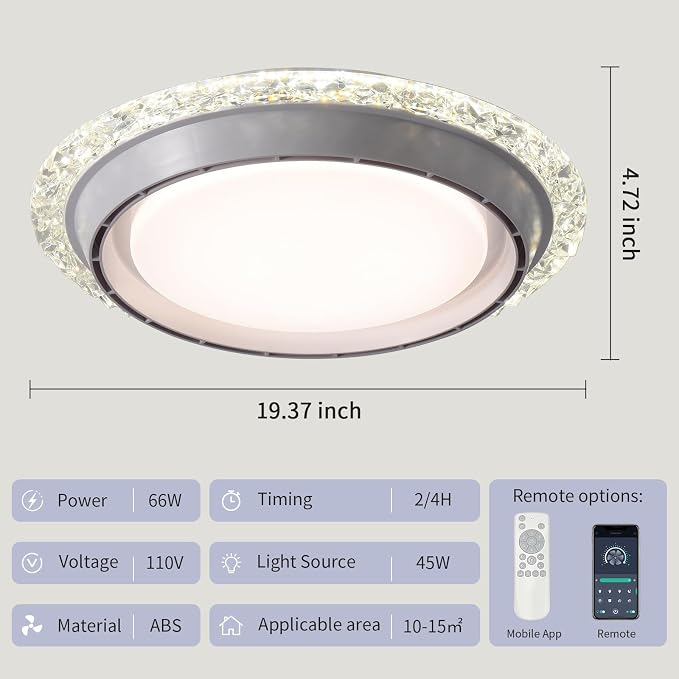 AHAWILL 19.29'' Bladeless Ceiling Fan with Light,Modern Crystal Ceiling Fan with Remote Control,Enclosed Flush Mount Fandelier,6 Wind Speed,Dimmable LED,White,for Bedroom Kitchen Dining Room