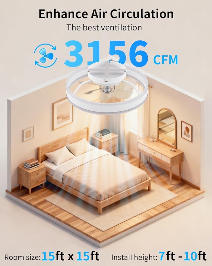 RGB Ceiling Fan with Lights, low profile ceiling fans with lights and remote, Flush Mount LED Fan Light, Modern Bladeless Fandelier for Bedroom Works with APP, 16IN White
