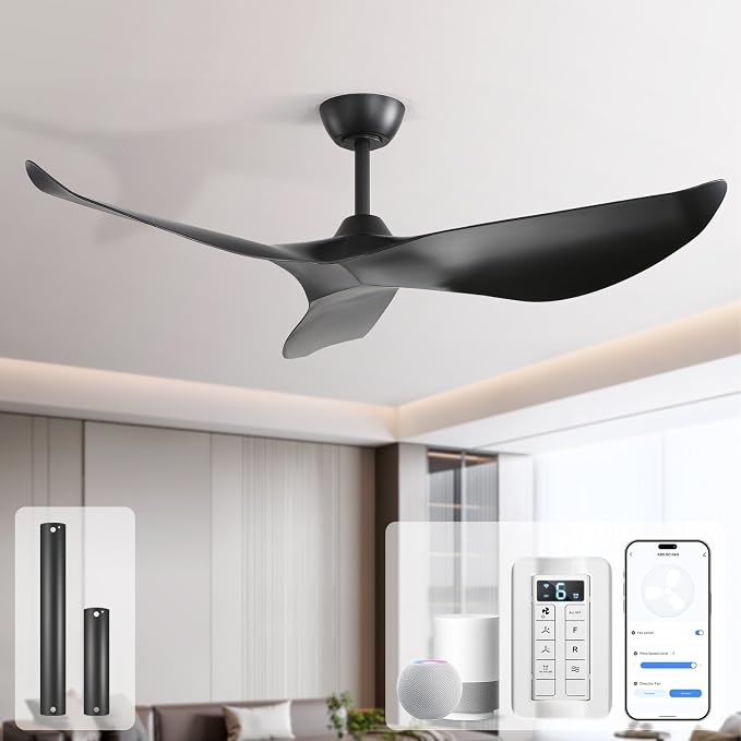 Sofucor 38 Inch Smart Ceiling Fan No Light, Modern Black Ceiling Fan with Remote Control, Quiet Reversible DC Motor, 6-Speed Noiseless Indoor Ceiling Fan for Bedroom Living Room Covered Patio Porch