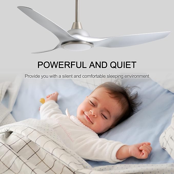 52 Inch DC Motor 3 Blade Modern Silver Ceiling Fan with Light and Remote | Quiet, 6 Speed High CFM, Indoor Ceiling Fan for Bedroom Living Room Porch