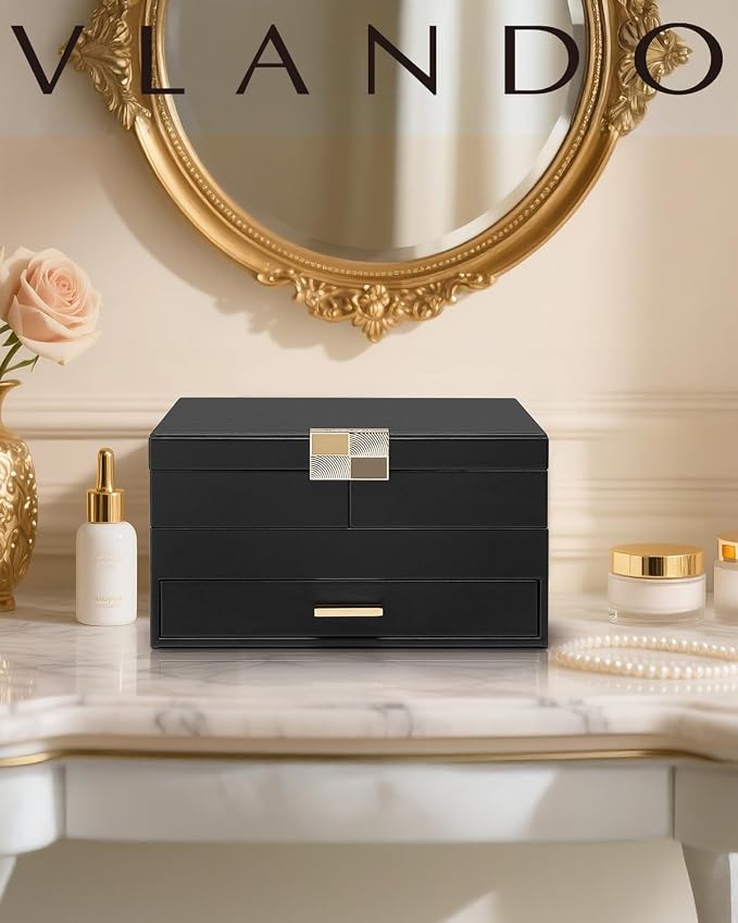 VLANDO 3 Layer Jewelry Box - Women Jewelry Box with Retractable Tray - Jewelry Organizers with Drawer for Necklaces, Rings, Bracelets, Earrings, Gift for Couples Mom Girls - Black