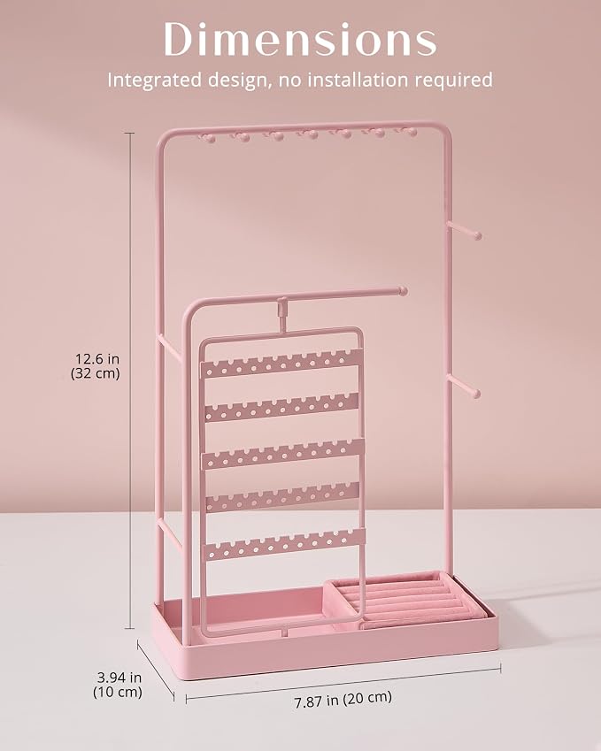 ProCase Jewelry Stand Holder Organizer and Storage, Pink (No-Assembly) | Rotating Earring Bracelet Holder Storage, Hanging Jewelry Display Velvet Ring Tray, Teen Girls Birthday Gifts Room Dorm Decor