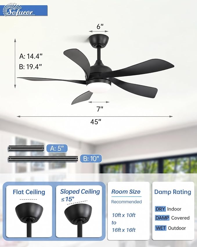Sofucor 42" Smart Ceiling Fan, Indoor/Outdoor Black Ceiling Fans with Lights and Remote, Works with Alexa/Google/App, 3-Color Light 6-Speed Timing Reversible DC Motor for Bedroom Living Room Patio