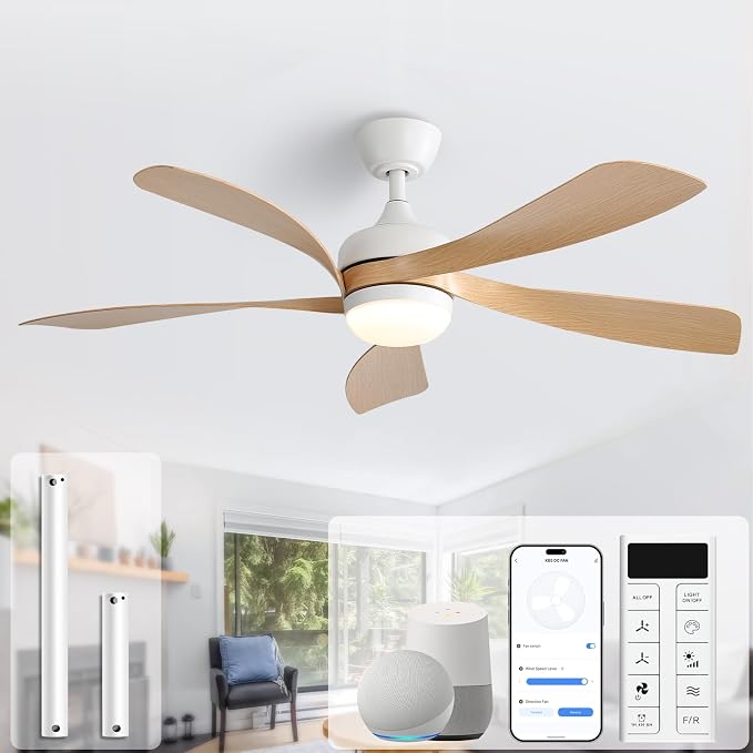 Sofucor 52" Smart Ceiling Fan, Indoor/Outdoor Ceiling Fans with Lights and Remote, Compatible with Alexa/Google/App, 3-Color Light 6-Speed Timing Reversible DC Motor for Bedroom Living Room Patio