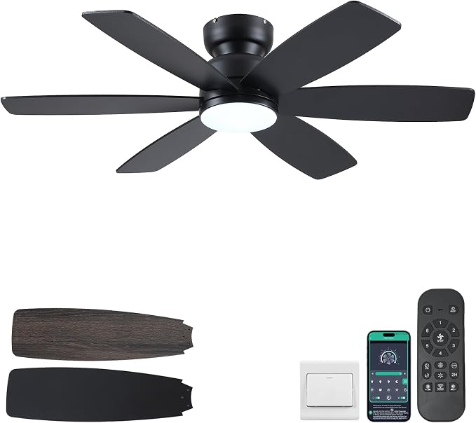 Kviflon 46 Inch Modern Ceiling Fans with Lights Remote/APP Control, Low Profile Ceiling Fan with Light, Flush Mount, 3CCT, 6 Reversible Blades, 6 Speeds, Double Sided for Bedroom Living Room, Black