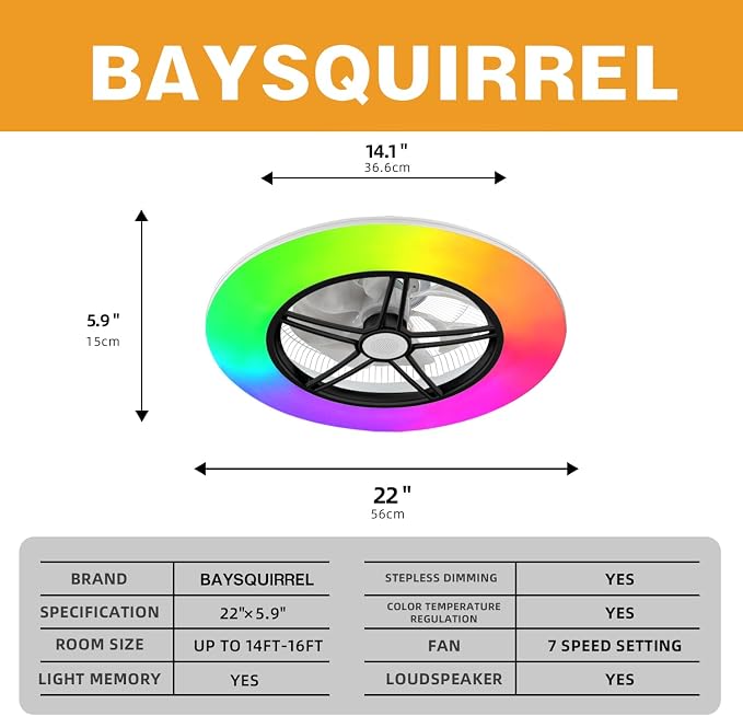BAYSQUIRREL Alexa WiFi Low Profile Ceiling Fan with Light Flush Mount Enclosed Ceiling Fan LED Dimmable Bladeless Ceiling Fans with Google Assistant/App Control,6 Speed Dimmable LED-RGB Lights 22inch