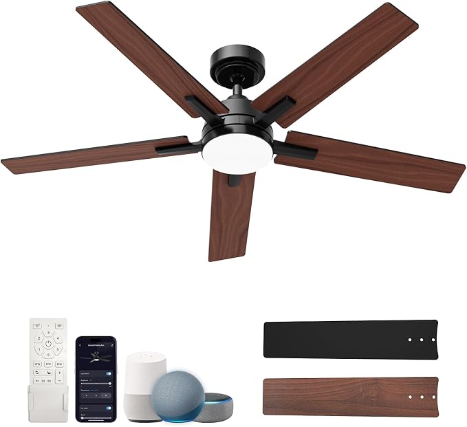 52 Inch Smart Ceiling Fans with Lights, Compatible with Alexa/Remote/APP, Downrod Mount, Reversible DC Motor, High CFM, 5 Blades, 6 Speeds, 3CCT, Dimmable, for Bedroom, Living Room, Black