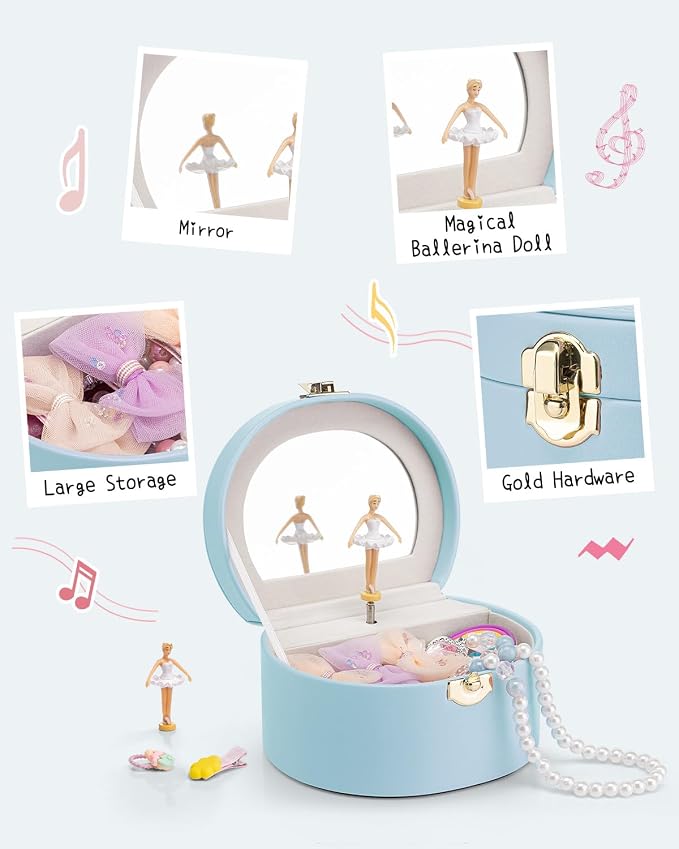 VLANDO Bithday Gift for Girl - Musical Jewelry Box for Girls, Small Kid Music Box with Ballerina for Party Bedroom Decor, Gifts for Girls Kids - Blue