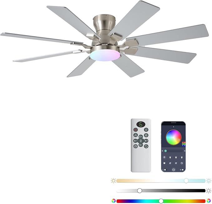 JSAITEE 52 inch Ceiling Fan with Light, 6 Speeds Reversible Low Profile Ceiling Fan with Light and Remote/APP Control, 3 Color Temp+Dimmable RGB, 8 Blades, Flush Mount Quiet Ceiling Fans, Nickel