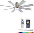 JSAITEE 52 inch Ceiling Fan with Light, 6 Speeds Reversible Low Profile Ceiling Fan with Light and Remote/APP Control, 3 Color Temp+Dimmable RGB, 8 Blades, Flush Mount Quiet Ceiling Fans, Nickel