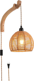 Plug in Wall Sconce,Farmhouse Wicker Wall Lamp Plug in,Hand Woven Rattan Wall Light Farmhouse Rustic Boho Sconces Wall Lighting for Living Room Bedroom