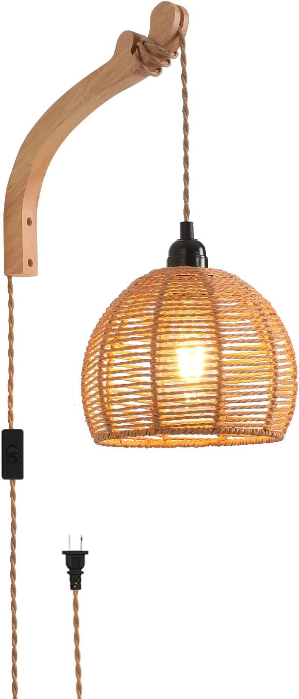 Plug in Wall Sconce,Farmhouse Wicker Wall Lamp Plug in,Hand Woven Rattan Wall Light Farmhouse Rustic Boho Sconces Wall Lighting for Living Room Bedroom