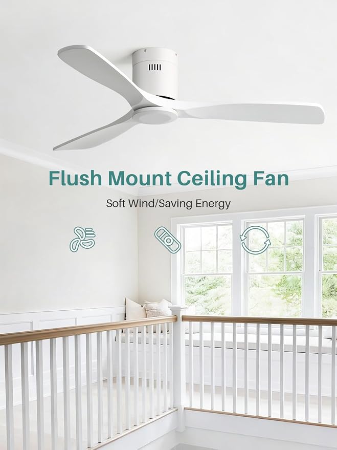 Sofucor 52 Inch Ceiling Fan Without Lights Flush Mount White Solid Wood Ceiling Fan with Remote Control-3 Blades Modern Outdoor Indoor Ceiling Fans No Light for Bedroom/Living Room/Patio/Dining Room
