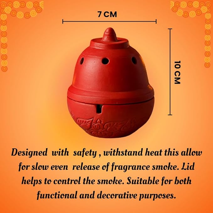 Traditional Clay Sambrani Dhoop Incense Holder, Terracotta Red, Decorative Bowl Shape with Lid, for Home Temple Pooja