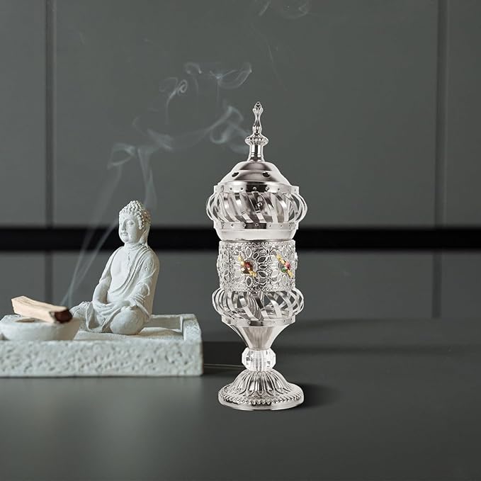 RCFINE Electric Incense Burner Bakhoor Metal Incense Burner Middle Eastern Style Arabic Incense Burner for Aromatherapy Yoga Spa Home Tabletop Decoration (Silver)