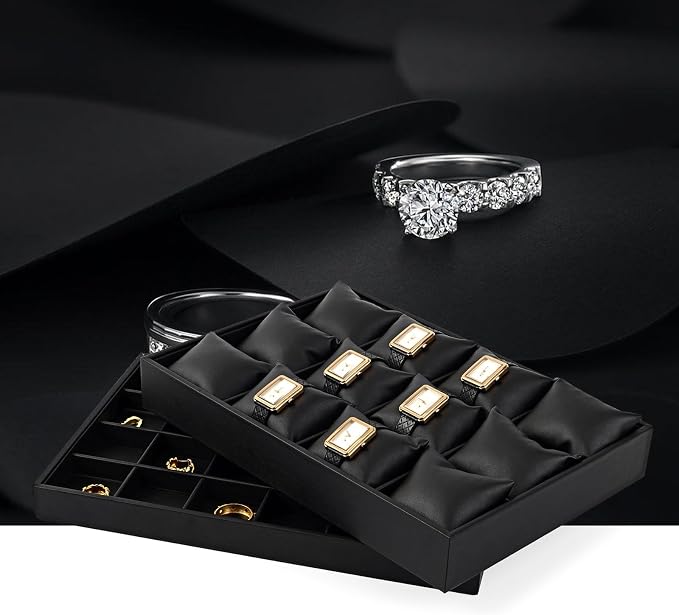 Oirlv Leather Ring Display Tray Black | Cushioned Holders Protect Rings, Perfect for Collection Display
