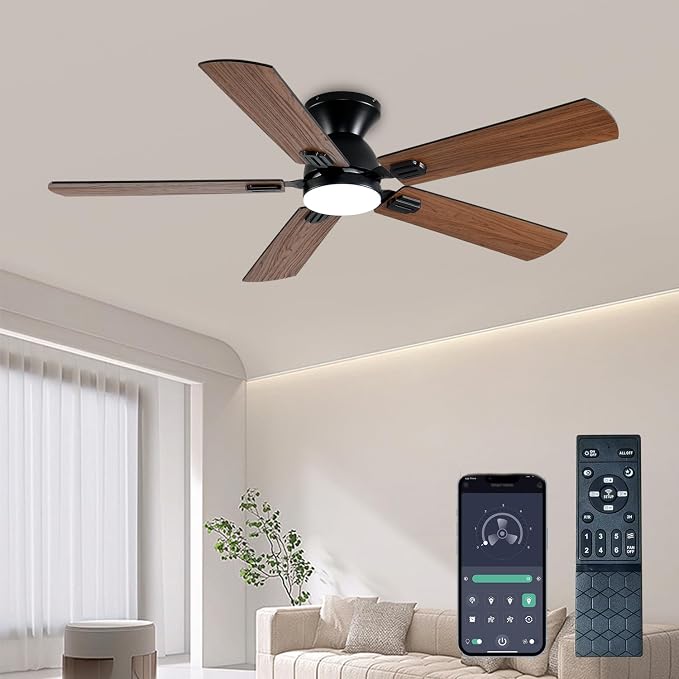 GJeg Ceiling Fans with Lights, 52 Inch Low Profile Ceiling Fan with Light and Remote, Flush Mount Ceiling Fan, 3CCT, Dimmable, Noiseless, Ceiling Light Fan for Bedroom, Indoor/Outdoor Use,Brown