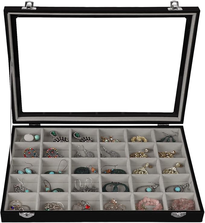 Stratalife 30 Grid Earring Organizer, Jewelry Holder Organizer with Lid | PU Leather Storage Box for Earring, Ring, Studs and Trinkets, Soft Velvet Drawer Organizer for Women, Dustproof, Gray Black