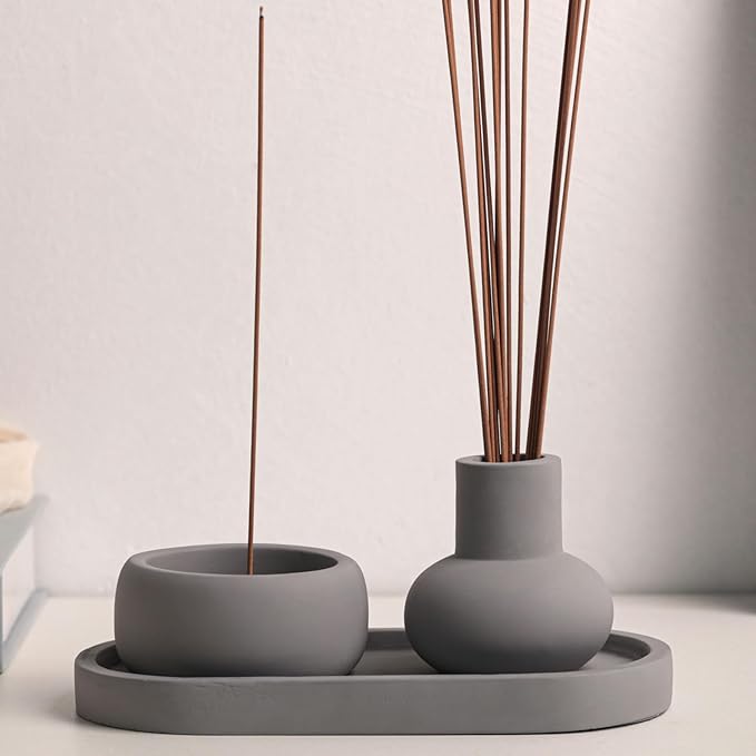 Concrete Incense Burner Set with Holder and Tray,Multifunction Incense Holder for Burning Sage,Palo Santo,Incense Sticks,Ideal for Meditation Home Decor(Grey)