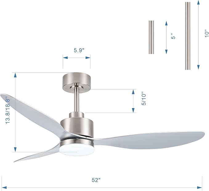 52" Ceiling Fans with Lights and Remote, Quiet DC Motor, 3 Reversible Blades, 6-Speed, Modern Industrial Brushed Nickel Ceiling Fan with 3-Color LED Light Fandelier for Bedroom Living Room