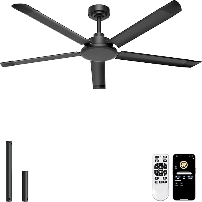 Ohniyou 60'' Ceiling Fan No Light, Black Industrial Ceiling Fan with Remote/APP, Aluminum Blades, 6800 CFM DC Motor for Outdoor Patios,Shop, Garage