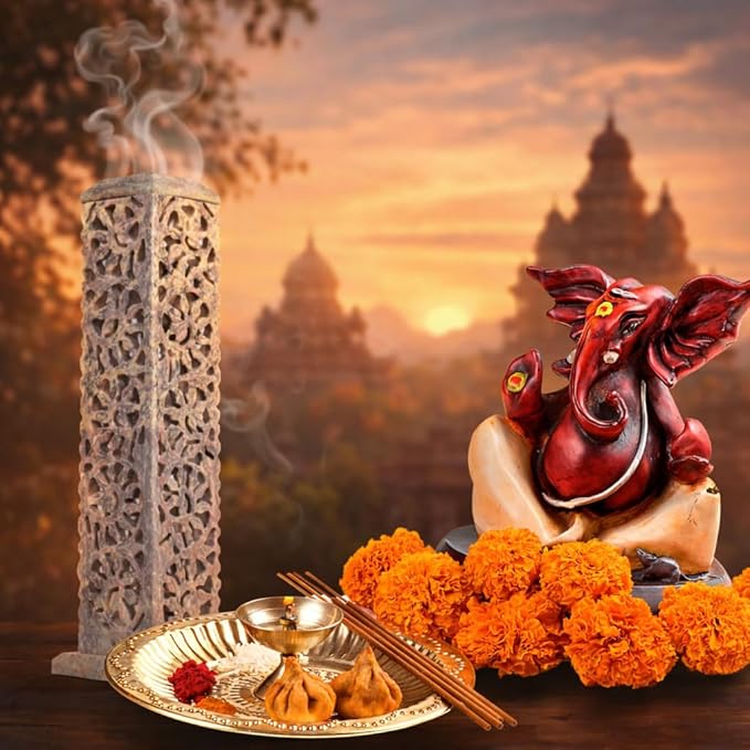Handmade Stone Incense Stick Holder | Unique King Size Long Tower Burner | Camphore - Tealight - Dhoop Batti - Candles Holder for Yoga, Meditation and Home Decor. (Floral)