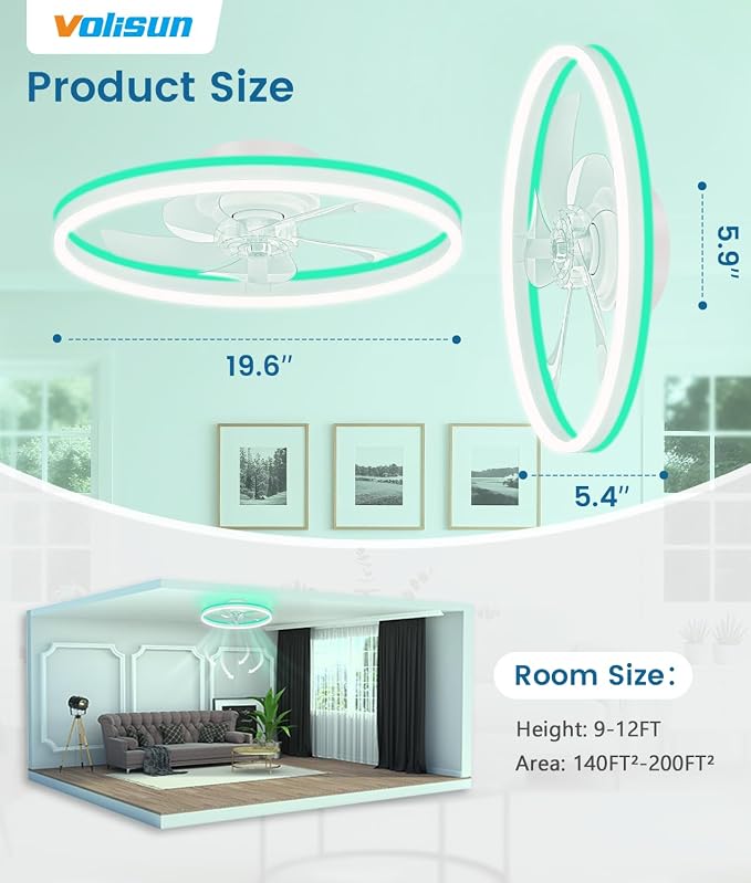 VOLISUN RGB Ceiling Fans with Lights and Remote, 20in Low Profile Ceiling Fans with Lights Flush Mount, 3000K-6500K Dimmable Fandelier LED Fan Light, White Bladeless Ceiling Fans for Bedroom