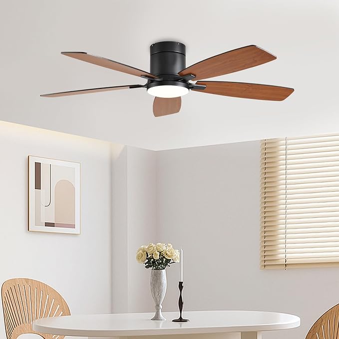 FUMLTP 52inch Ceiling Fans with Lights, Low Profile Ceiling Fan with Light and Remote Control/APP Control, Flush Mount, Reversible Motor, Dimmable, Noiseless, Brown Ceiling Fan for Bedroom (Brown)