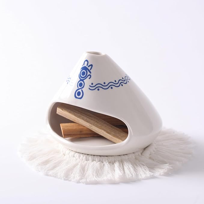 Ceramic Palo Santo Holder Burner,Incense Cone Holder,Mini Chiminea for Palo Santo Sticks and Sage Burner,with Handmade Heat Insulated Mat,Dust Brush,Metal Tweezer. (White and Blue)