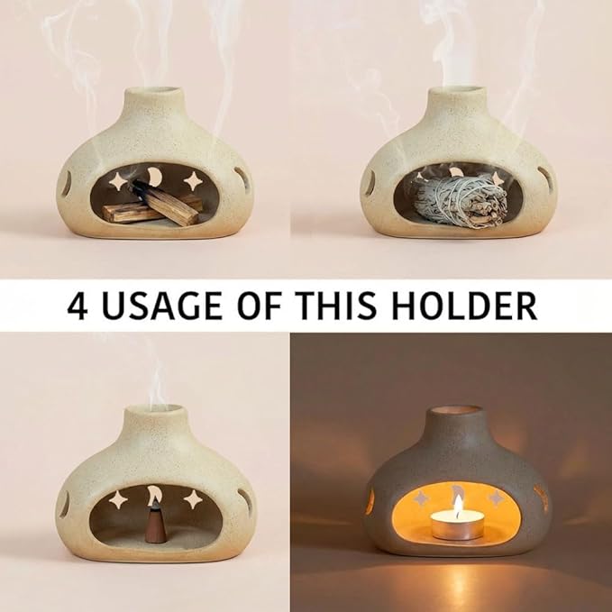 Handmade Ceramic Palo Santo Holder – 4-in-1 Incense Burner for Smudging, Meditation, Aromatherapy, Relaxation & Home Decor