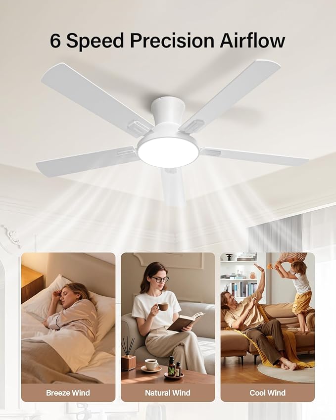 52 Inch Ceiling Fans with Lights and Remote, Flush Mount Low Profile Smart Ceiling Fan with WIFI Alexa App Control, Quiet Reversible DC Motor, 6 Speeds, Dimmable LED Light, White