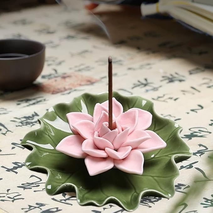 CREATCABIN Lotus Ceramic Incense Holder Incense Burner Stick Detachable Ash Catcher Lotus Leaf Burners Tray for Sticks Home Yoga Teahouse Zen Buddhist Altar Purify Spiritual Supplies Pink 3.54 Inch