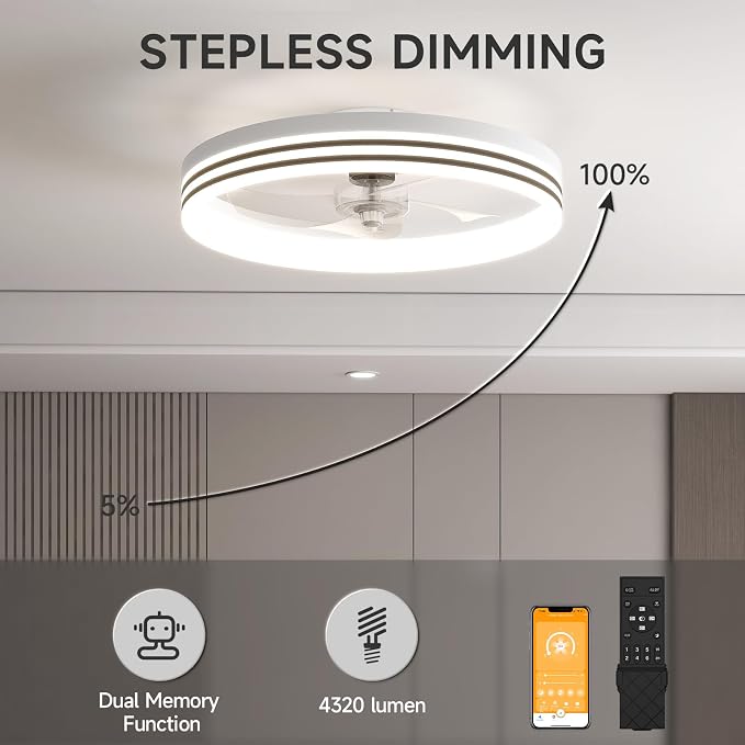 VOLISUN Low Profile Ceiling Fans with Lights and Remote, No Assembly, 19.7in Flush Mount Ceiling Fan with Light, 3000K-6500K Dimmable Fandelier LED Fan Light, White Bladeless Ceiling Fans for Bedroom