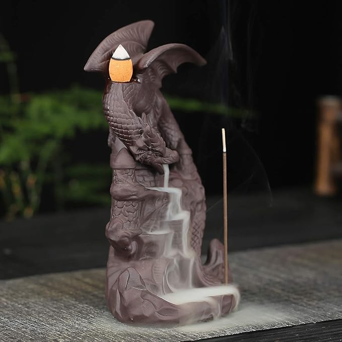 Dragon Backflow Incense Burner Handmade Ceramics Ornamen Statue Fountain Home Decor Waterfall Incense Holder, with 10 Backflow Incense Cones and 1Mat