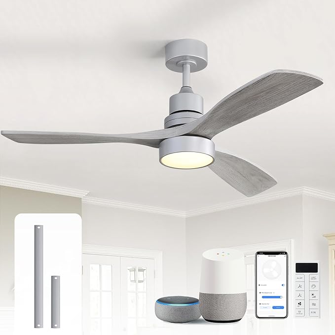 Sofucor 52 Inch Smart Ceiling Fan with Lights, Silver Grey | Alexa/APP/Remote Control, Modern 3 Solid Wood Blade, for Bedroom/Living Room/Kitchen/Dining Room/Patio/Porch