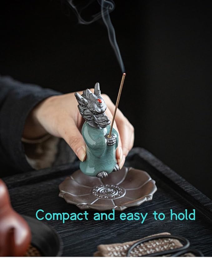 Lucky Dragon Incense Holder with 30 Incense Sticks, Handmade Incense Stick Burner, Lotus Flower Base, Elegant Home Office Decoration Accessories