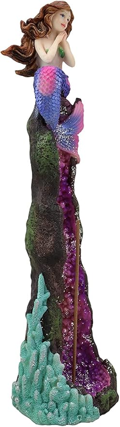 Ebros Gift Beautiful Ocean Mermaid Ariel Sitting On A Purple Quartz Crystal Quarry Coral Reef Pillar Tower Incense Burner Sculpture Nautical Mermaids Fantasy Figurine