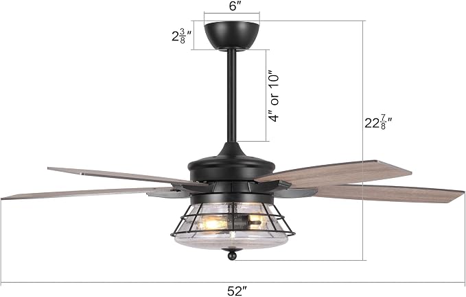 52 Inch Farmhouse Ceiling Fans with Lights and Remote Control - 3-Speed Reversible Motor, Retro Style Indoor/Outdoor Ceiling Fan with 5 Blades for Home Living Room Bedroom