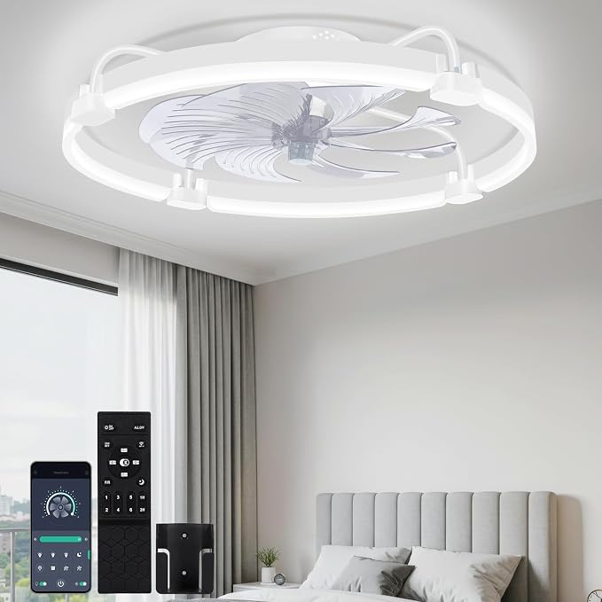 OUTON 24" Ceiling Fan with Light, Remote & App Control, Fandelier Low Profile Flush Mount Ceiling Fan with 3000K-6500K Stepless Dimmable, 6 Speed, Quiet DC Motor, Modern Ceiling Fans for Bedroom White